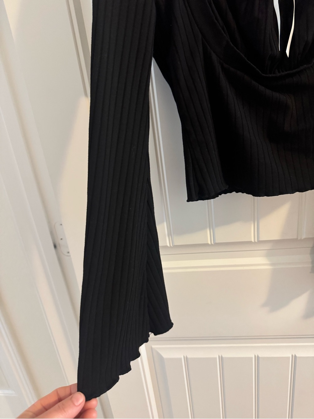 SHEIN Black Ribbed Sweetheart Bell-Sleeve Top with Bow Y2K - Picture 4 of 6